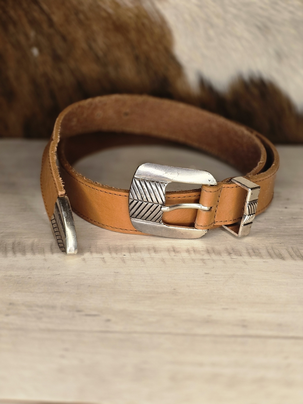 Tan Leather Belt with Silver Buckle